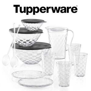 Tupperware Elegant 18 Piece Prism Serving Set: Bowls, Pitcher, Tumblers & Plates